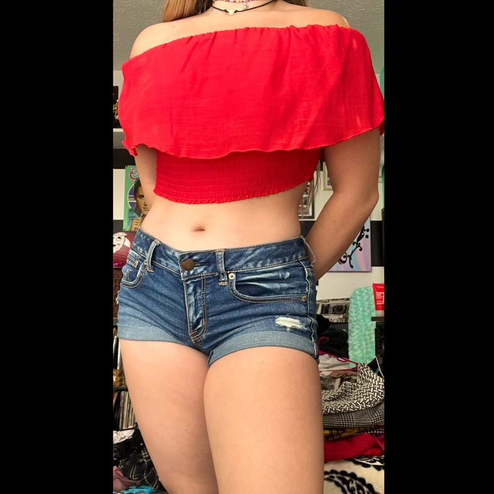 red off the shoulder top